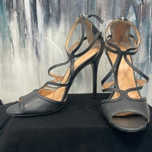 Halston Heritage Monica Black Leather Open Toe Strappy Caged Stiletto Heels 8